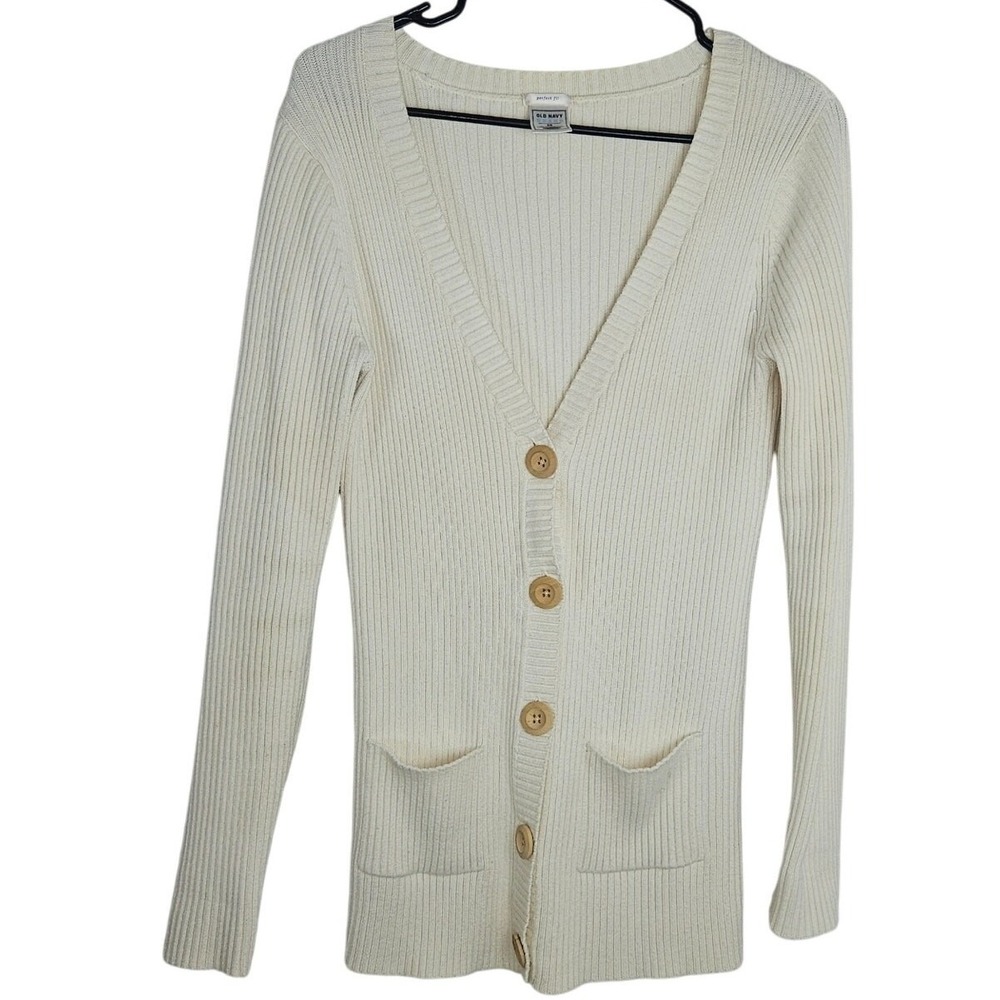 Vintage 90s Old Navy Ribbed Cardigan Sweater M Cream V-Neck Chunky Knit Gilmore